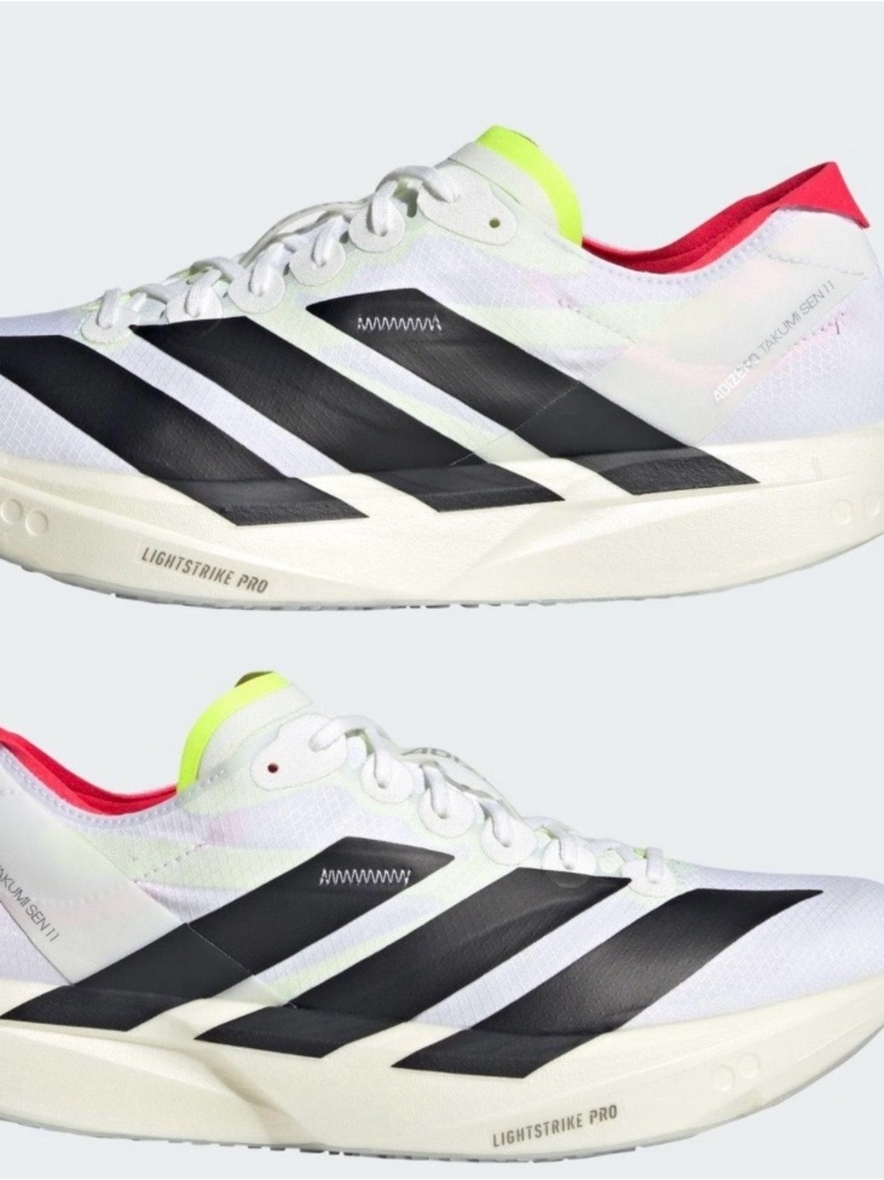 adidas White and Black Adizero Takumi Sen Racing Shoes with Neon Yellow Accents
